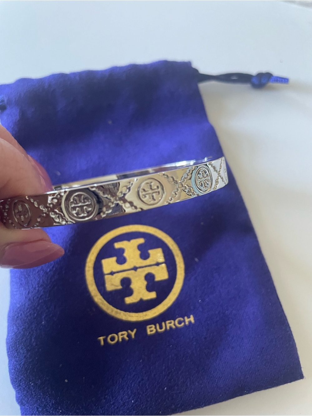 Tory Burch Silver Logo Medallion Thin Cuff Bracelet